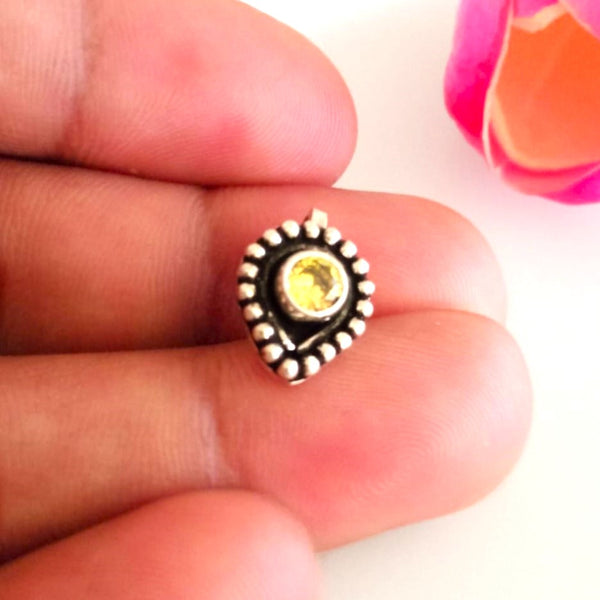 Handmade Pure Silver Citrine Drop Nose Pin ( Non - Pierced ) - Enumu