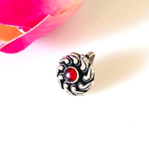 Pure Silver Garnet Big Nose Pin ( Non - Pierced ) - Enumu