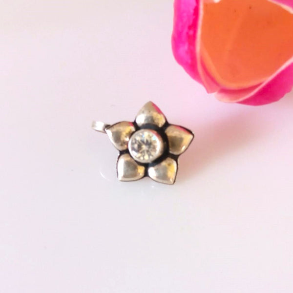 Handmade Pure Silver CZ Flower Nose Pin ( Non - Pierced ) - Enumu