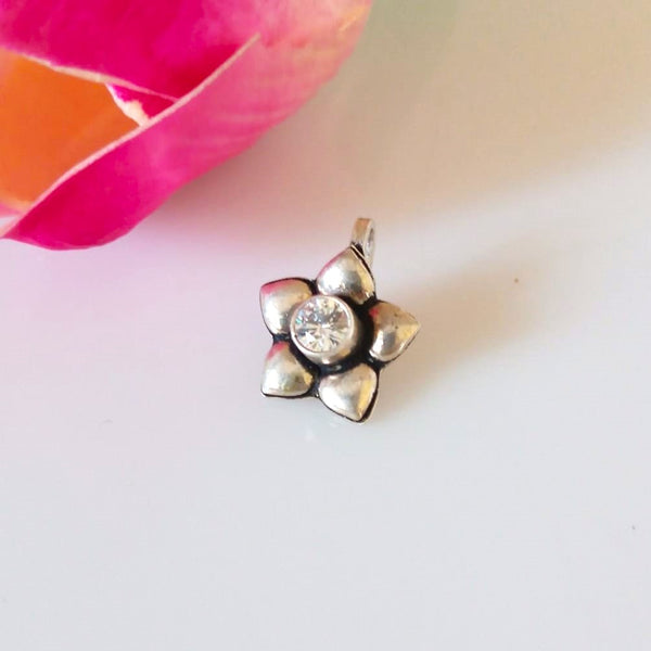 Handmade Pure Silver CZ Flower Nose Pin ( Non - Pierced ) - Enumu