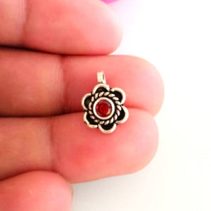 Handmade Pure Silver Garnet Flower Nose Pin ( Non - Pierced ) - Enumu