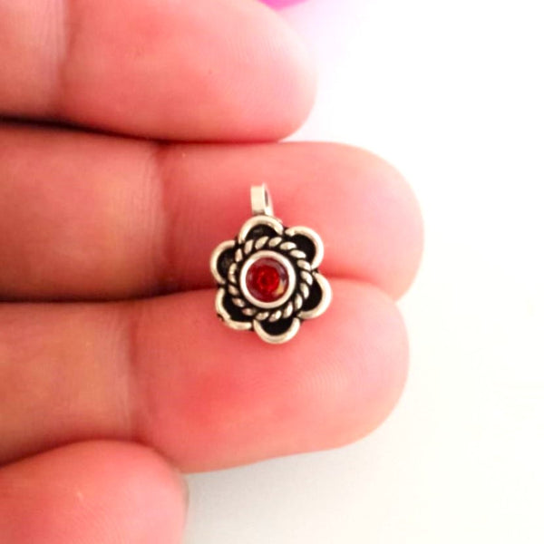 Handmade Pure Silver Garnet Flower Nose Pin ( Non - Pierced ) - Enumu