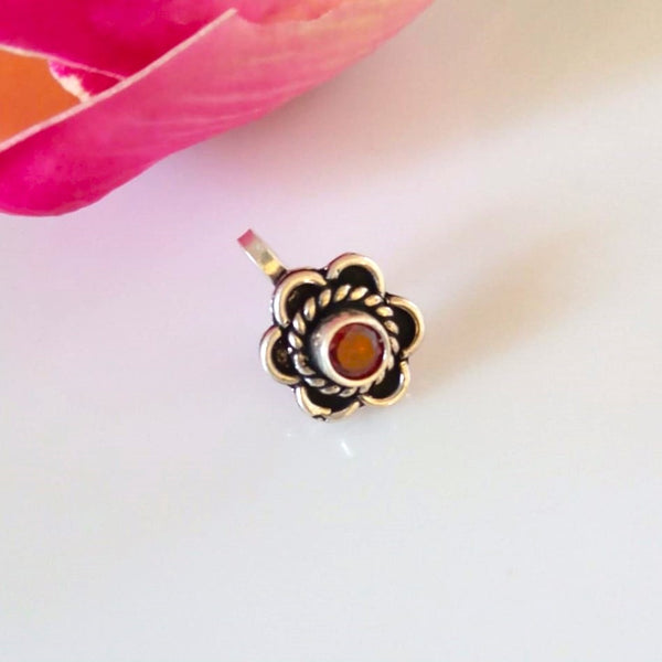 Handmade Pure Silver Garnet Flower Nose Pin ( Non - Pierced ) - Enumu