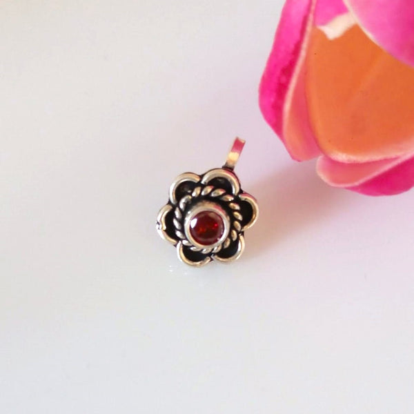 Handmade Pure Silver Garnet Flower Nose Pin ( Non - Pierced ) - Enumu