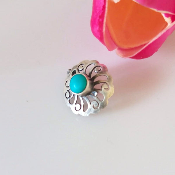 Handmade Pure Silver Flower Turquoise Nose Pin ( Non - Pierced ) - Enumu