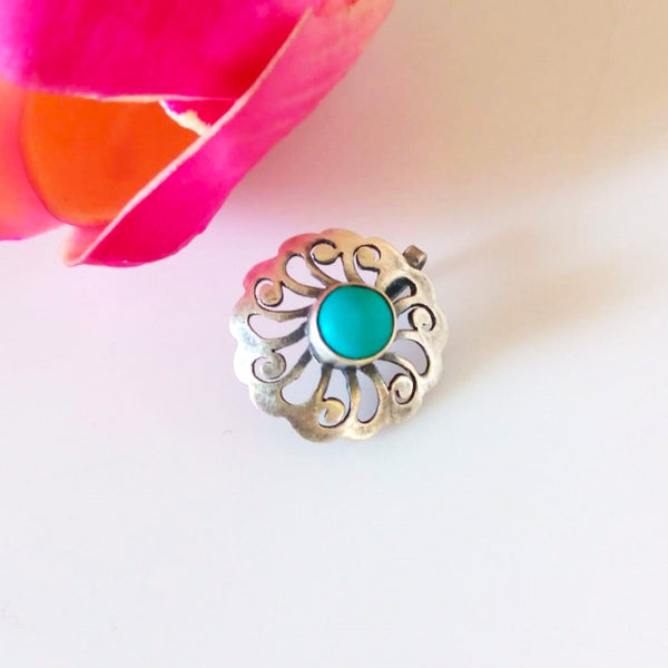 Handmade Pure Silver Flower Turquoise Nose Pin ( Non - Pierced ) - Enumu