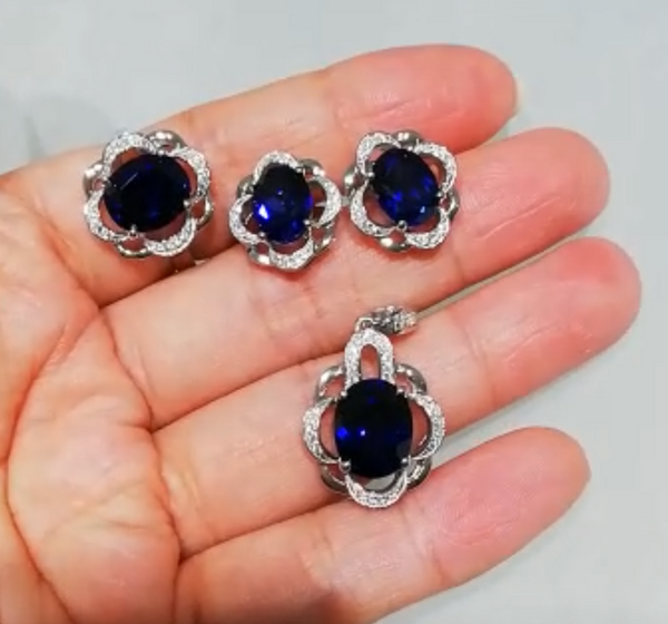 Pure 92.5 Sterling Silver Blue Sapphire & CZ Studs - Enumu