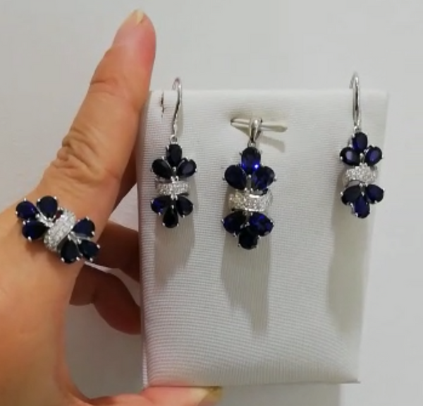 Pure 92.5 Sterling Silver Blue Sapphire & CZ Dangle Earrings - Enumu