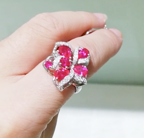 Pure 92.5 Sterling Silver Ruby Designer Flower Ring - Enumu
