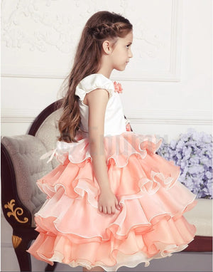 Peach White Rose Multi Layer /Frill Dress - Enumu
