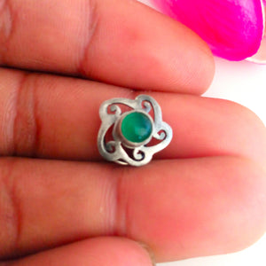 Handmade Pure Silver Uncut Emerald Flower Nose Pin ( Pierced ) - Enumu