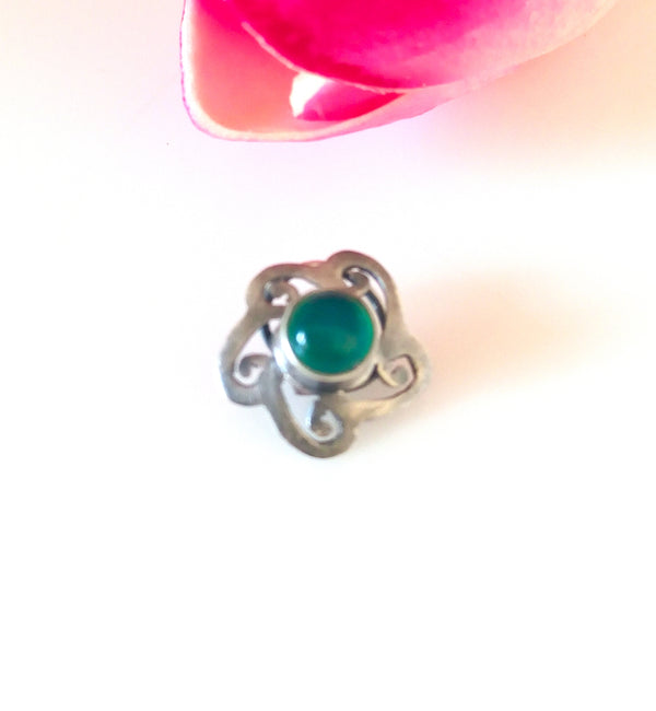 Handmade Pure Silver Uncut Emerald Flower Nose Pin ( Pierced ) - Enumu