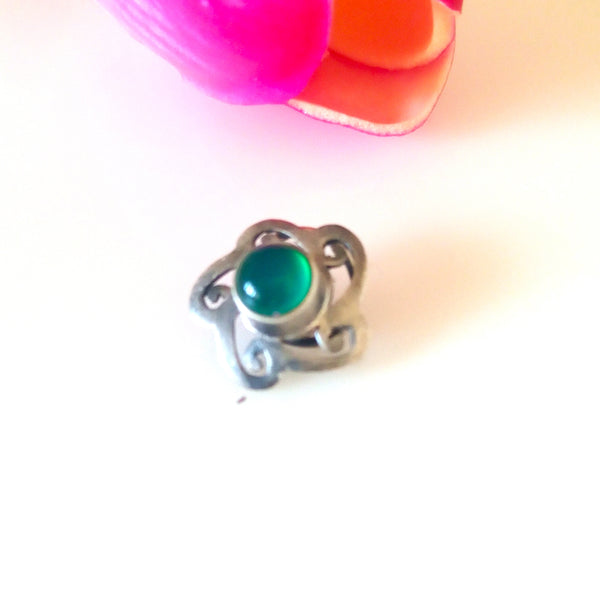 Handmade Pure Silver Uncut Emerald Flower Nose Pin ( Pierced ) - Enumu
