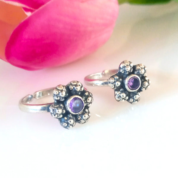 Adjustable Pure Silver Amethyst Flower Toe Rings - Enumu