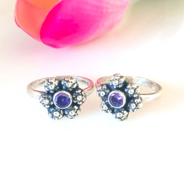 Adjustable Pure Silver Amethyst Flower Toe Rings - Enumu