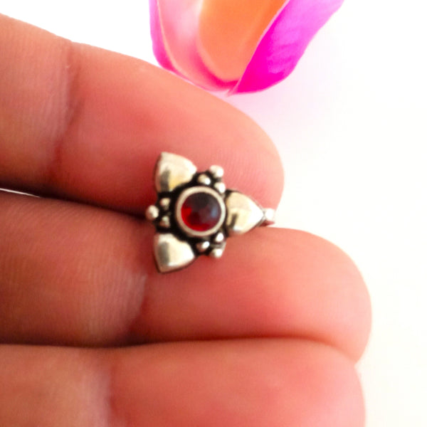 Handmade Pure Silver Red Spinel Nose Pin ( Non - Pierced ) - Enumu