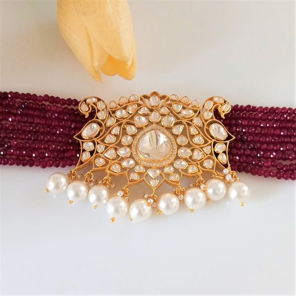 Pure Silver Moissanite Ruby Polki Choker Necklace - Enumu