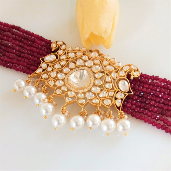 Pure Silver Moissanite Ruby Polki Choker Necklace - Enumu