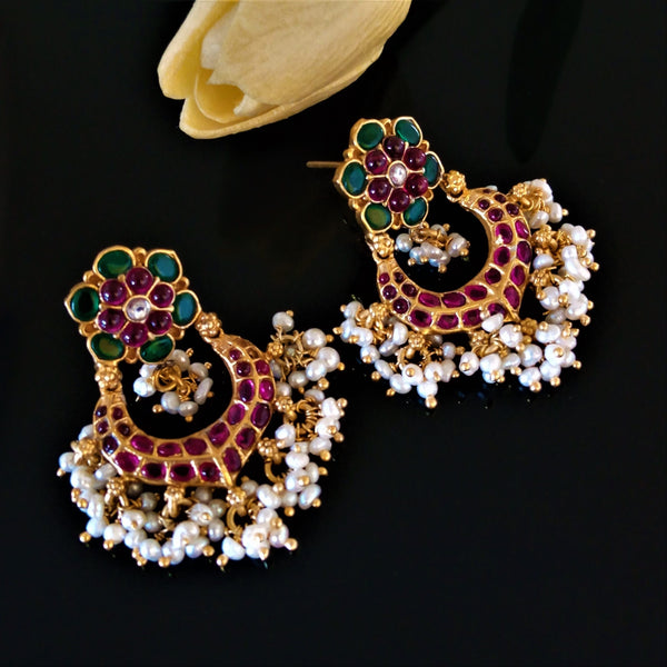 Handmade Emerald Ruby Pearl Dangle Earrings - Enumu