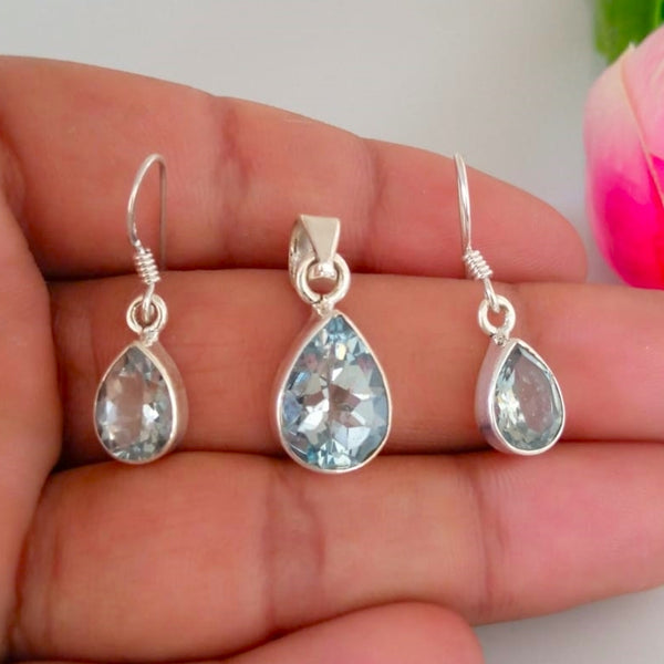 Handmade Pure Silver Aquamarine Pendant Set - Enumu