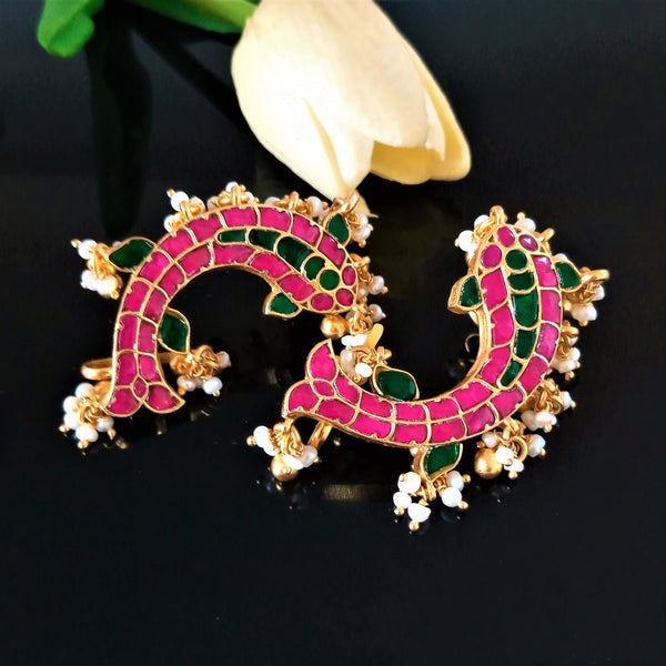 Handmade Pure Silver Kundan Fish Pearl Ghungroo Ear Cuffs - Enumu