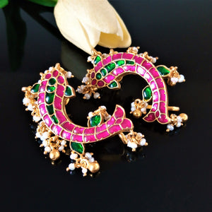Handmade Pure Silver Kundan Fish Pearl Ghungroo Ear Cuffs - Enumu