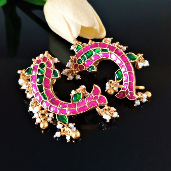 Handmade Pure Silver Kundan Fish Pearl Ghungroo Ear Cuffs - Enumu