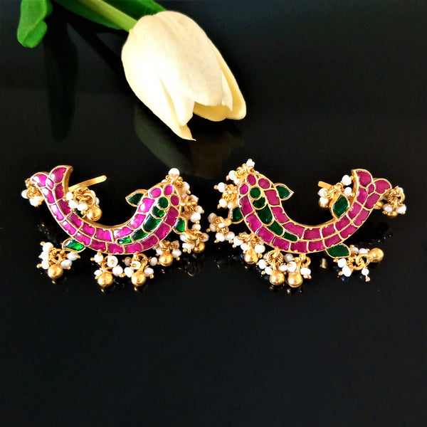 Handmade Pure Silver Kundan Fish Pearl Ghungroo Ear Cuffs - Enumu