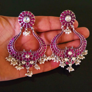 Huge Broad Oxidized Silver Ruby Pearl Polki Dangle Earrings - Enumu