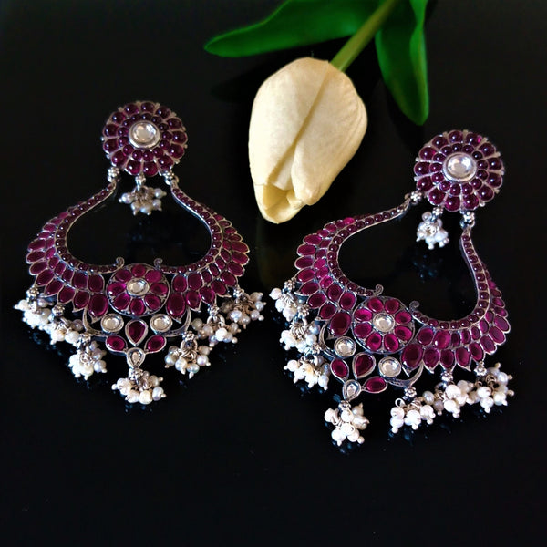 Huge Broad Oxidized Silver Ruby Pearl Polki Dangle Earrings - Enumu