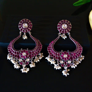 Huge Broad Oxidized Silver Ruby Pearl Polki Dangle Earrings - Enumu