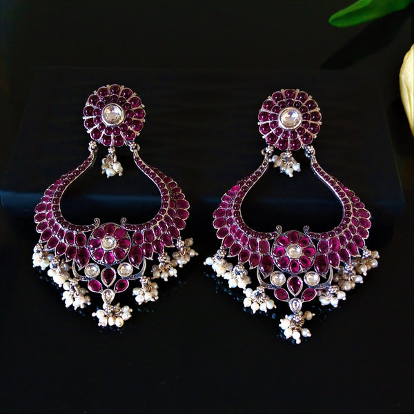 Huge Broad Oxidized Silver Ruby Pearl Polki Dangle Earrings - Enumu