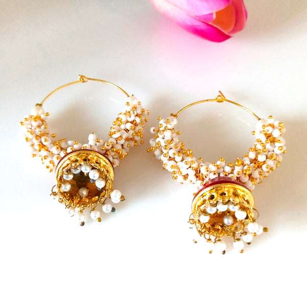 Maroon Meena Pearl Jhumkas - Enumu