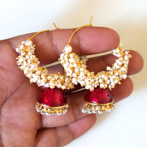 Maroon Meena Pearl Jhumkas - Enumu