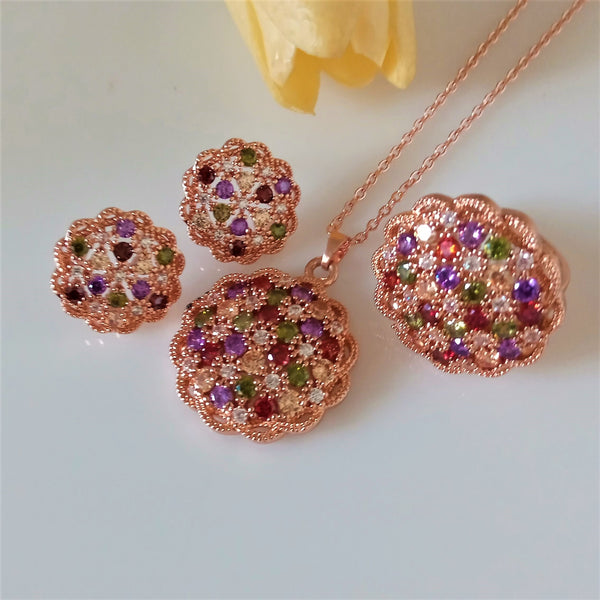 Multi Colour Necklace Set with Ring - Enumu