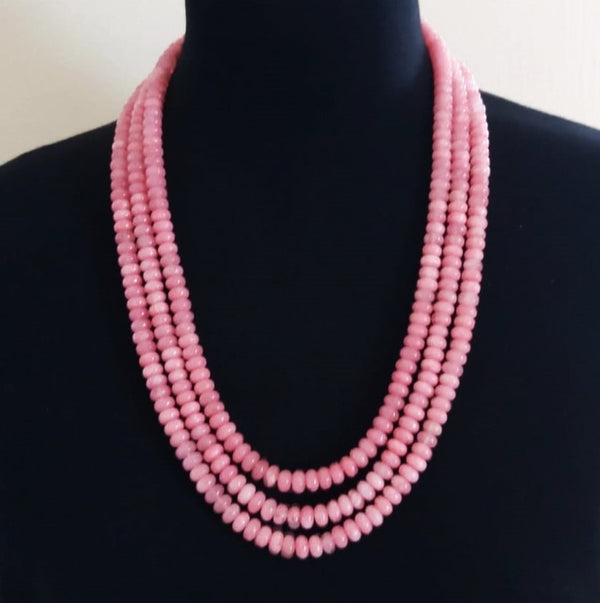 Pink Angelite Natural Beads - 22 inches Adjustable Heavy 3 Layer Necklace - Enumu