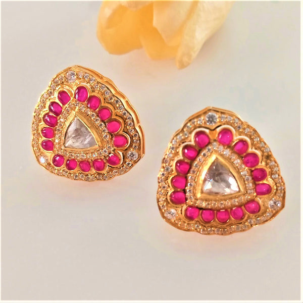 Pure Silver Handmade Ruby Moissanite Polki Studs - Enumu