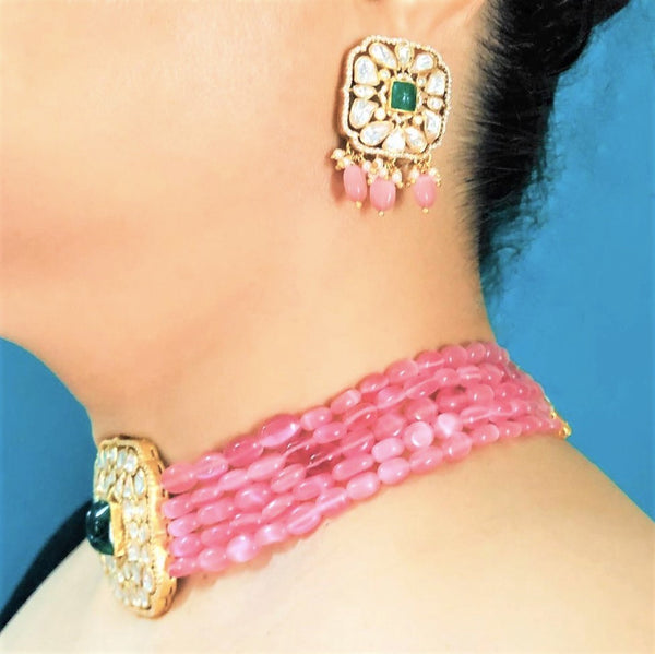 Pure Silver Moissanite Polki Carved Stone Choker Necklace Earrings Set - Enumu