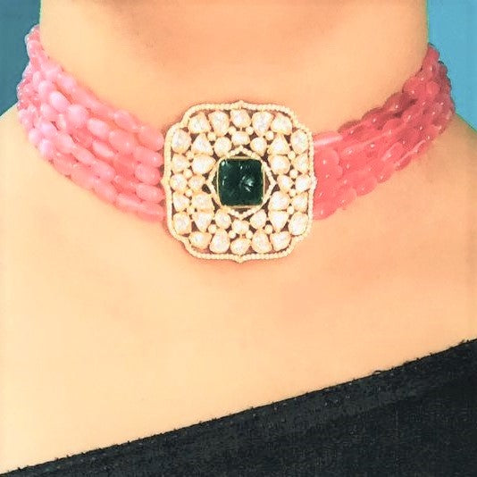 Pure Silver Moissanite Polki Carved Stone Choker Necklace Earrings Set - Enumu