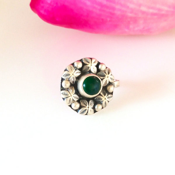 Handmade Pure Silver Uncut Emerald Nose Pin ( Non - Pierced ) - Enumu