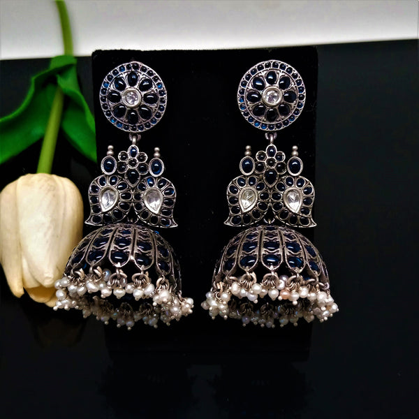 Handmade Oxidized Silver Blue Pearl Jhumkas - Enumu
