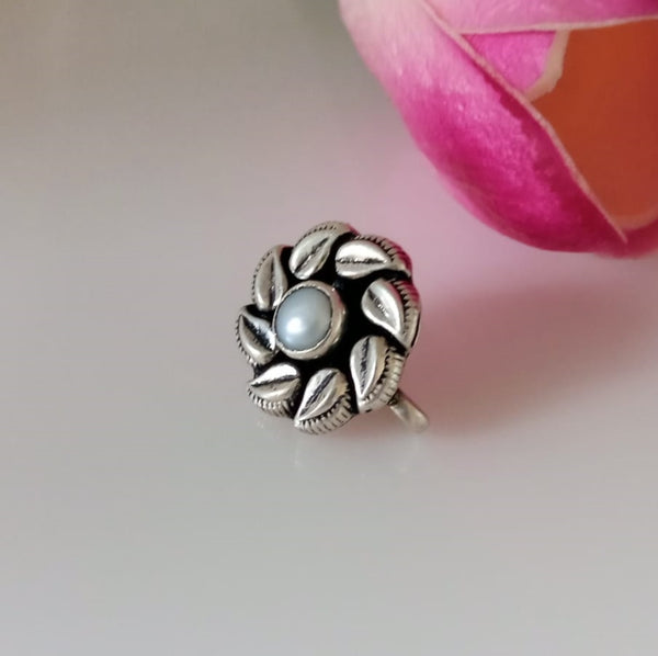 Big Handmade Pure Silver Pearl Nose Pin ( Non - Pierced ) - Enumu