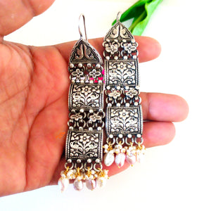 Pure Oxidized Silver Multi Colour Pearl Earrings - Enumu