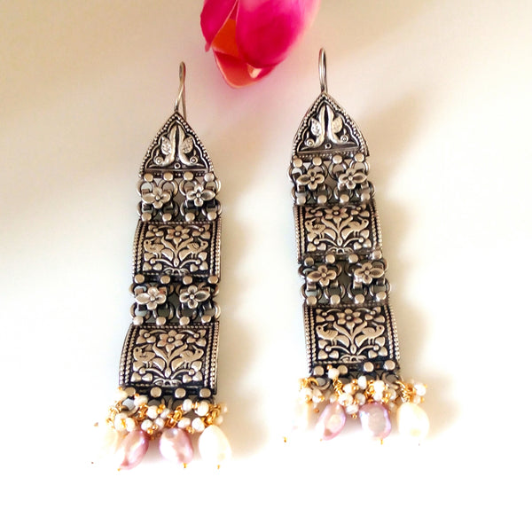 Pure Oxidized Silver Multi Colour Pearl Earrings - Enumu