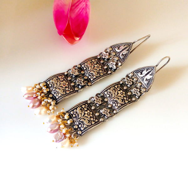 Pure Oxidized Silver Multi Colour Pearl Earrings - Enumu