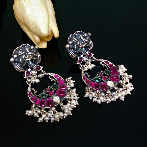 Handmade Oxidized Silver Ruby Pearl Dangle Earrings - Enumu