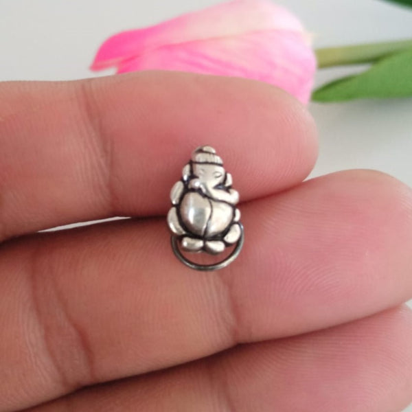 Handmade Pure Silver Ganesha Nose Pin ( Pierced ) - Enumu