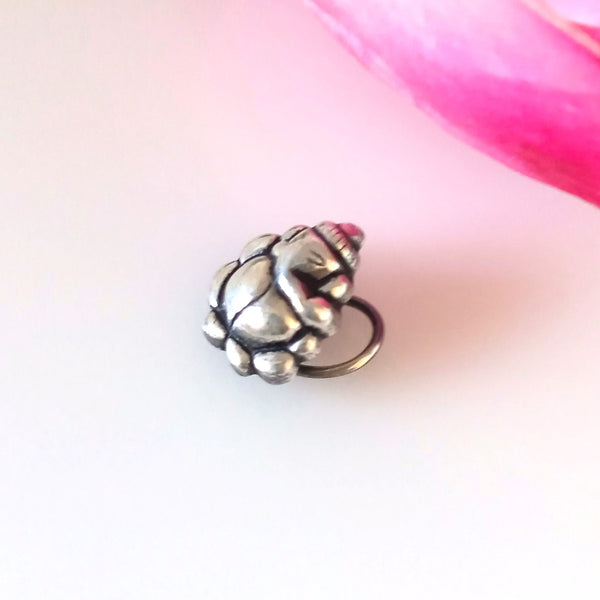 Handmade Pure Silver Ganesha Nose Pin ( Pierced ) - Enumu