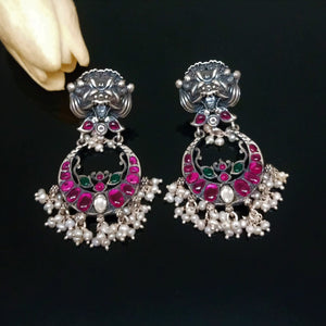 Handmade Oxidized Silver Ruby Pearl Dangle Earrings - Enumu