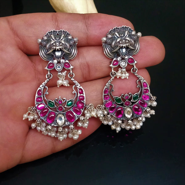 Handmade Oxidized Silver Ruby Pearl Dangle Earrings - Enumu